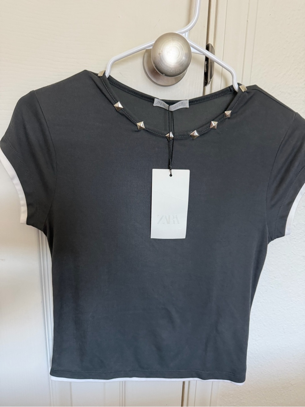 Zara Black Short Sleeve Tee with Silver Pyramid Studs